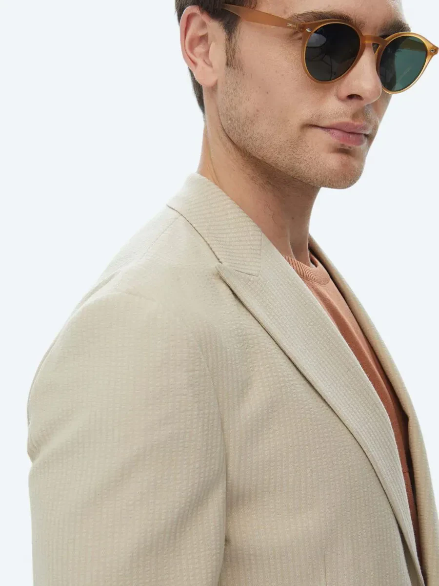 Bej Çizgili Modern Fit Pamuk Karışımlı Ceket - 7