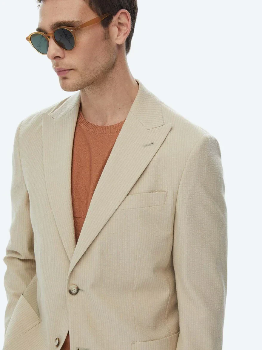 Bej Çizgili Modern Fit Pamuk Karışımlı Ceket - 8