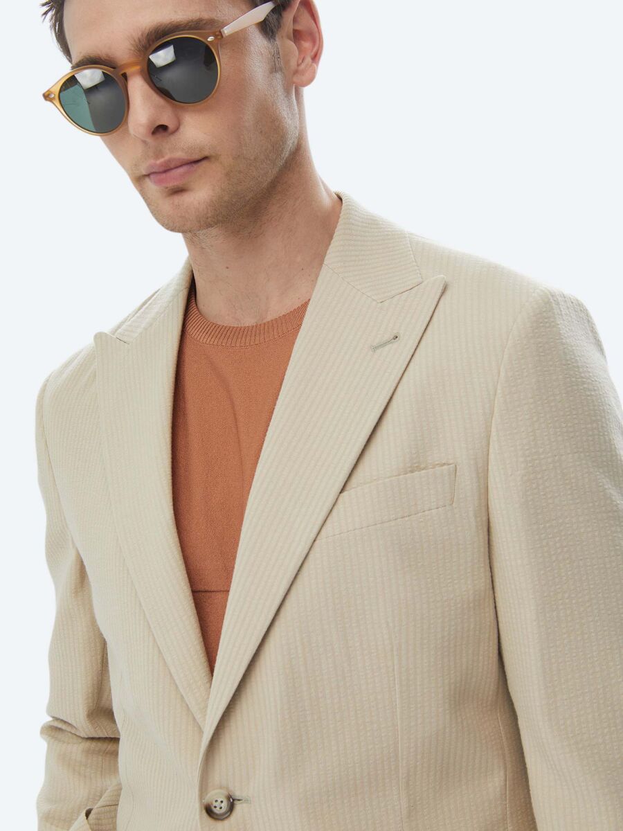Bej Çizgili Modern Fit Pamuk Karışımlı Ceket - 5