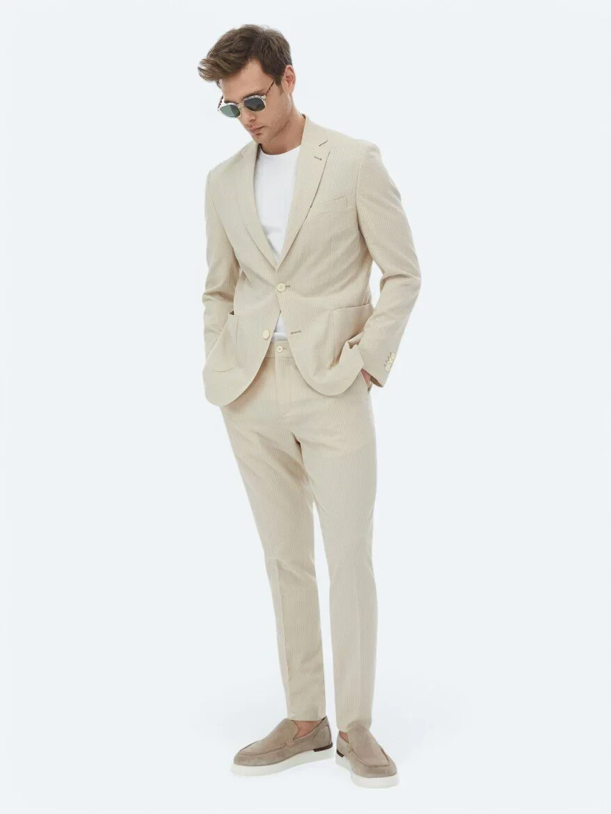 Bej Çizgili Modern Fit Takım Elbise - KİP