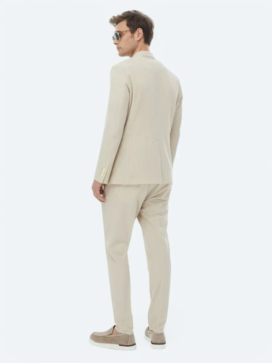 Bej Çizgili Modern Fit Takım Elbise - 8