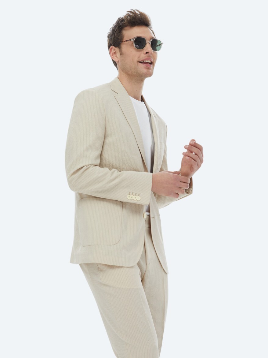 Bej Çizgili Modern Fit Takım Elbise - 1