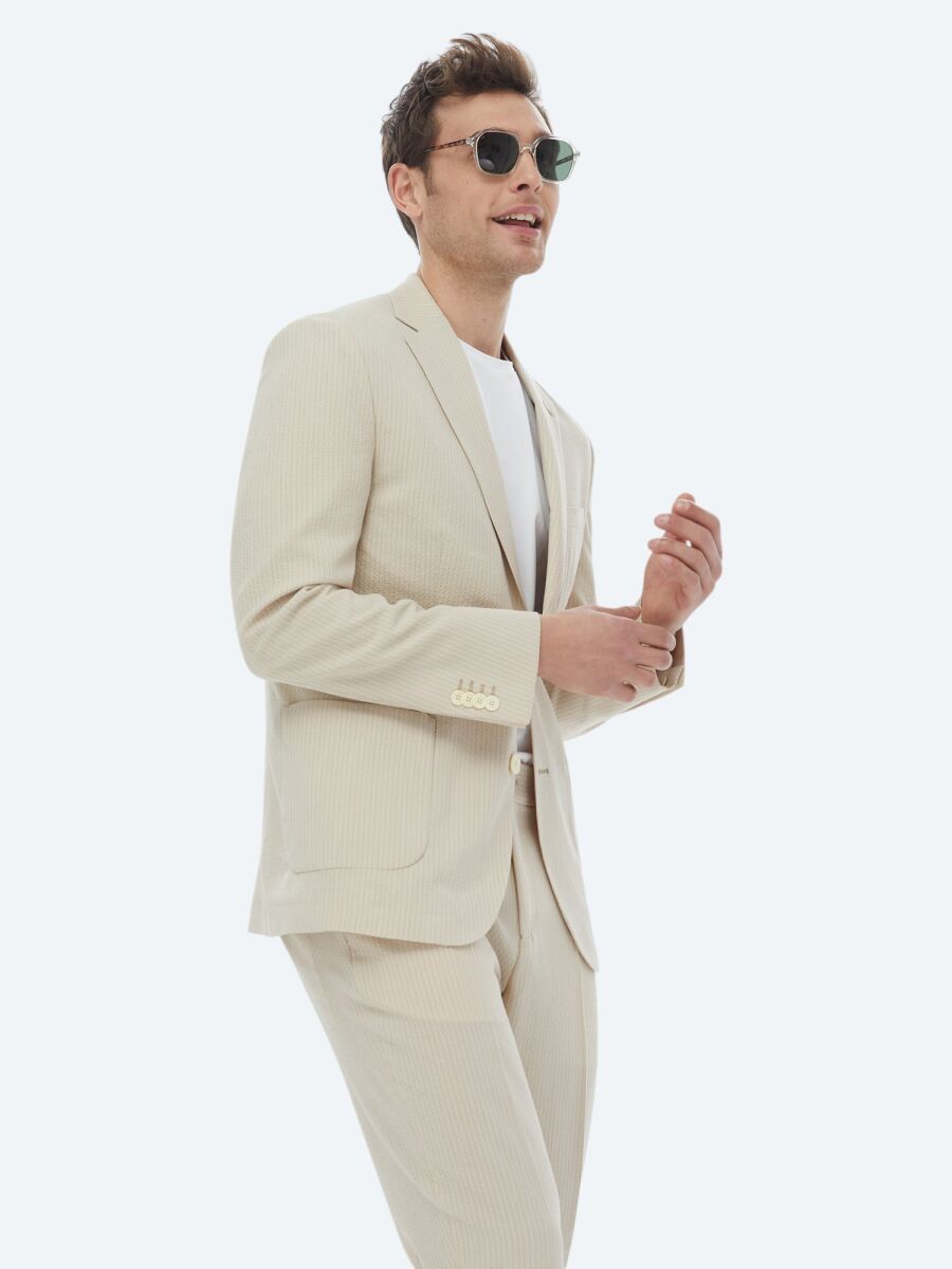 Bej Çizgili Modern Fit Takım Elbise - 1