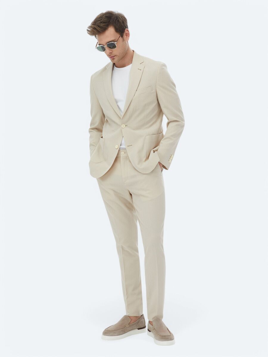 Bej Çizgili Modern Fit Takım Elbise - 2