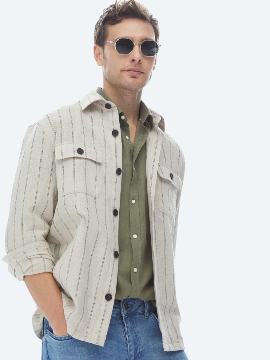 Bej Çizgili Oversize Fit Dokuma %100 Pamuk Overshırt - 1