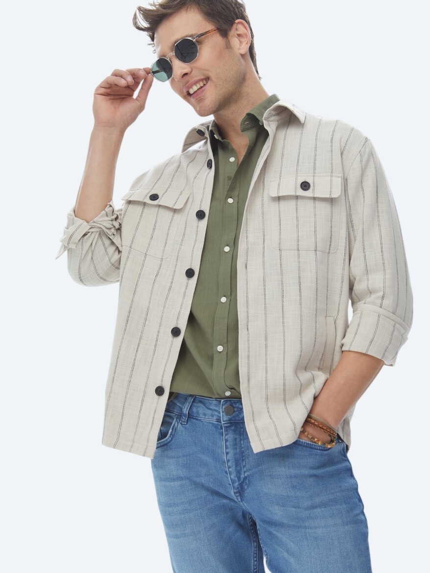 Bej Çizgili Oversize Fit Dokuma %100 Pamuk Overshırt - 2