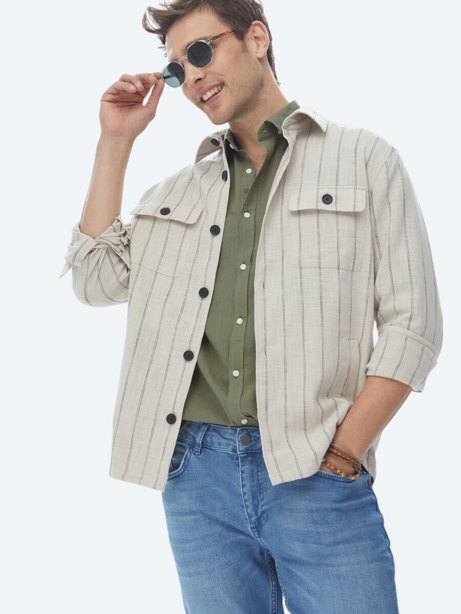 Bej Çizgili Oversize Fit Dokuma %100 Pamuk Overshırt - 2