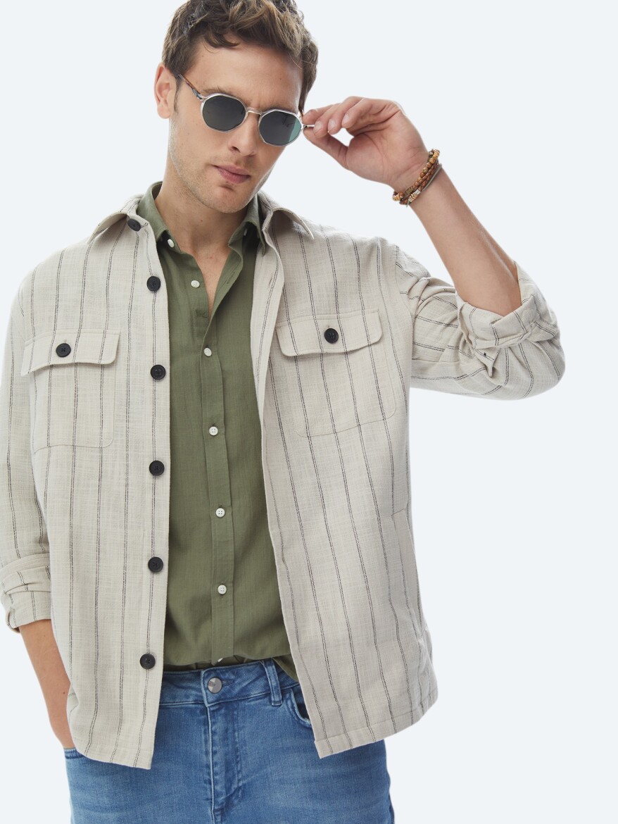 Bej Çizgili Oversize Fit Dokuma %100 Pamuk Overshırt - 4