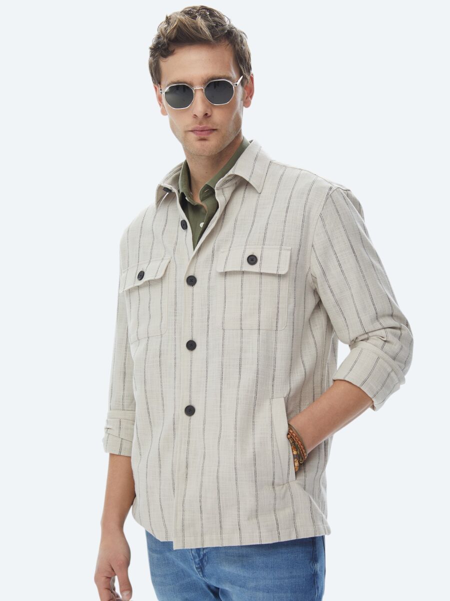 Bej Çizgili Oversize Fit Dokuma %100 Pamuk Overshırt - 5