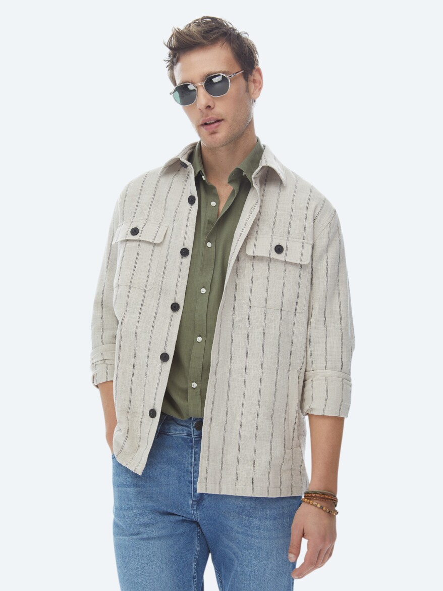 Bej Çizgili Oversize Fit Dokuma %100 Pamuk Overshırt - 7