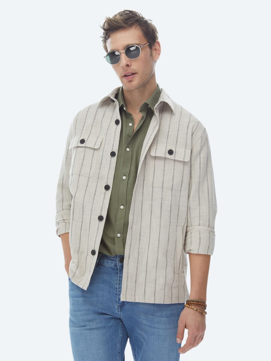 Bej Çizgili Oversize Fit Dokuma %100 Pamuk Overshırt - 7