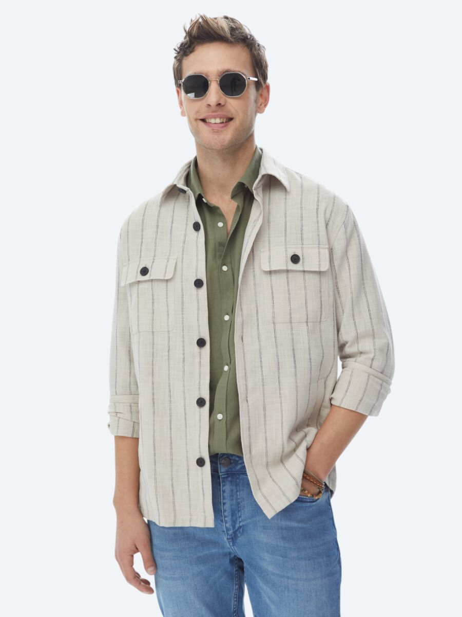 Bej Çizgili Oversize Fit Dokuma %100 Pamuk Overshırt - 8