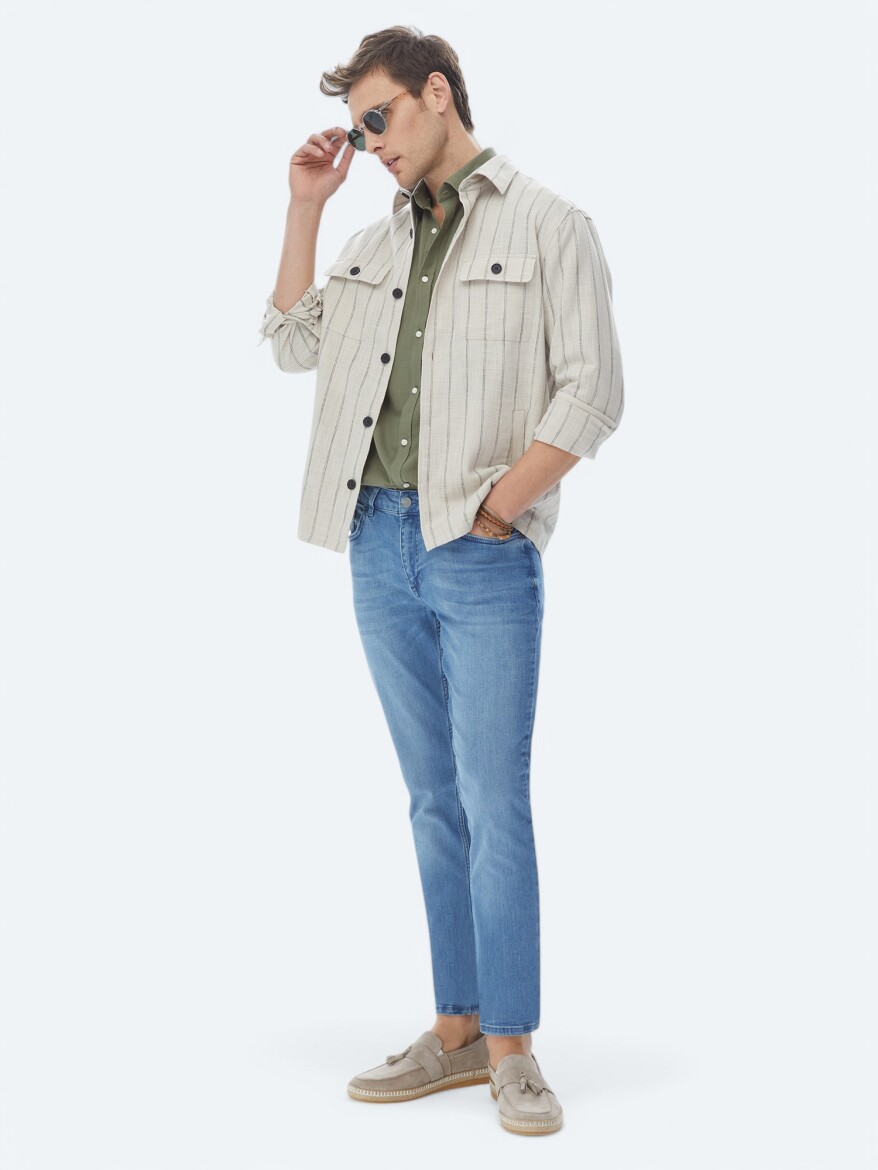 Bej Çizgili Oversize Fit Dokuma %100 Pamuk Overshırt - 9