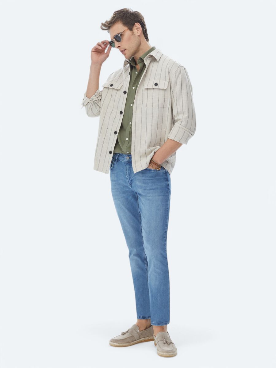 Bej Çizgili Oversize Fit Dokuma %100 Pamuk Overshırt - 9