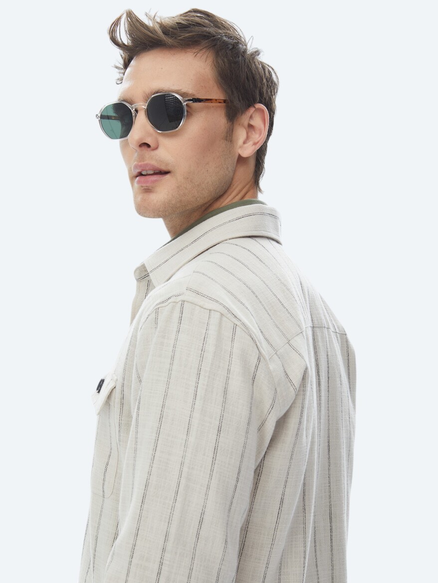 Bej Çizgili Oversize Fit Dokuma %100 Pamuk Overshırt - 10