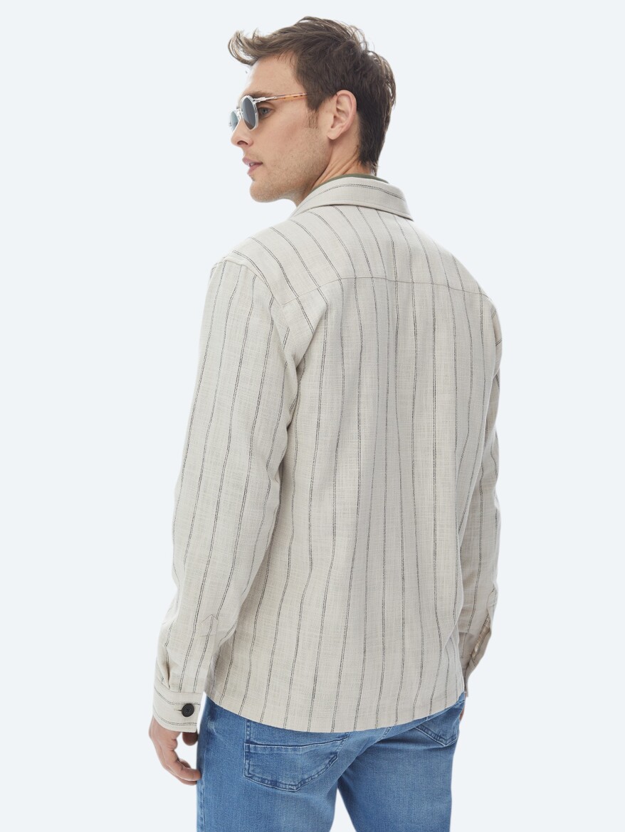 Bej Çizgili Oversize Fit Dokuma %100 Pamuk Overshırt - 11