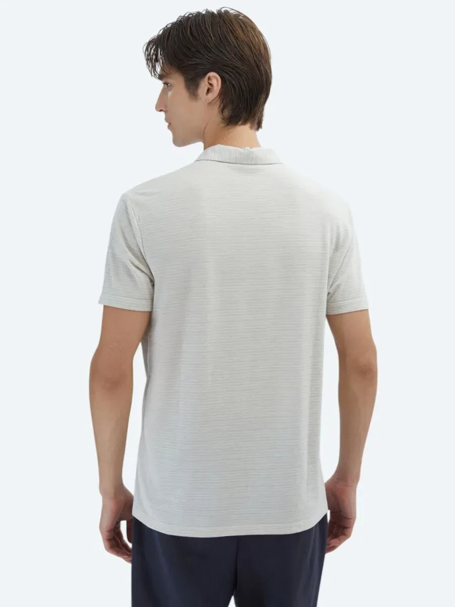 Bej Çizgili Polo Yaka Pamuk Karışımlı T-Shirt - 6