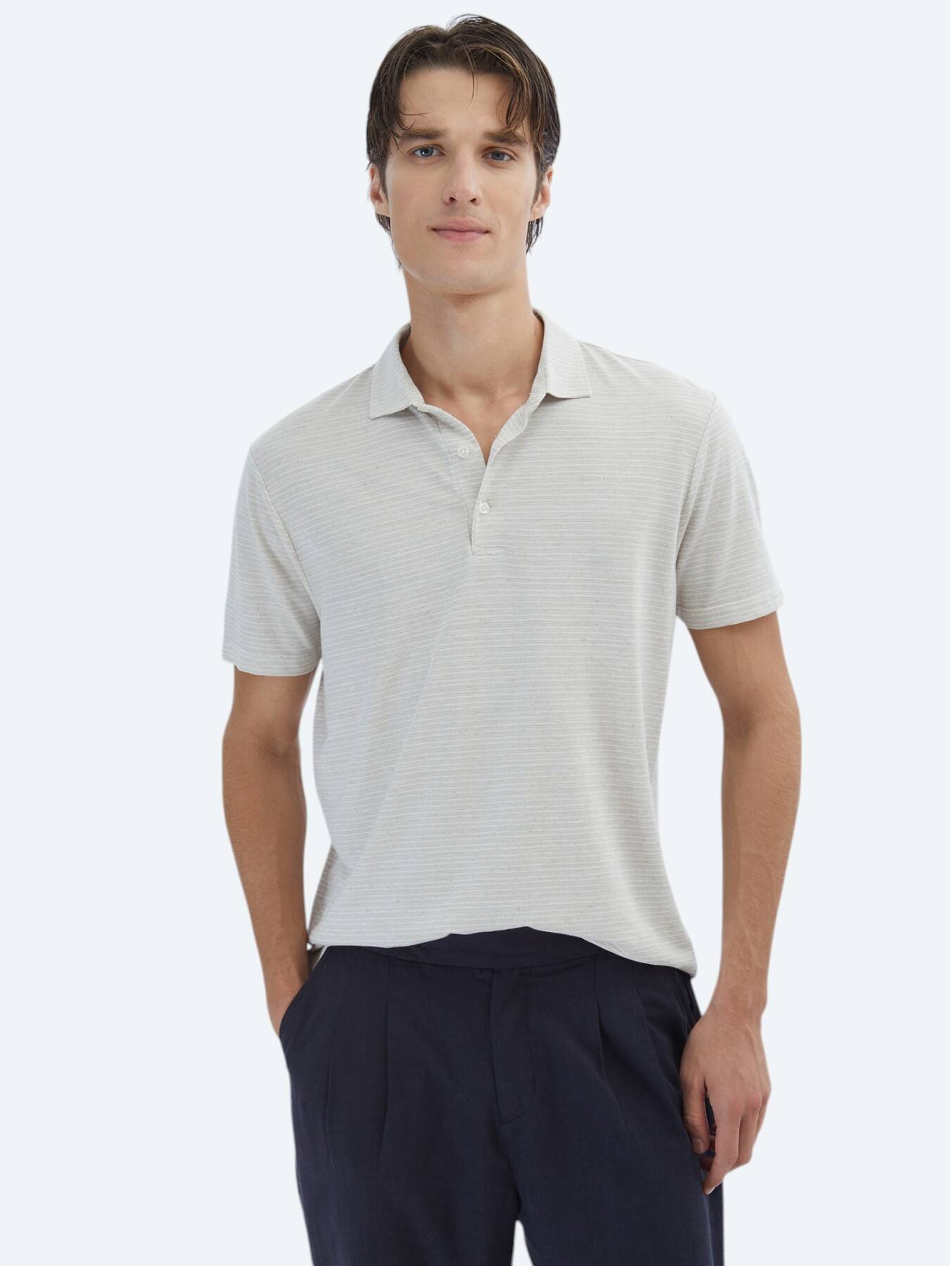 Bej Çizgili Polo Yaka Pamuk Karışımlı T-Shirt
