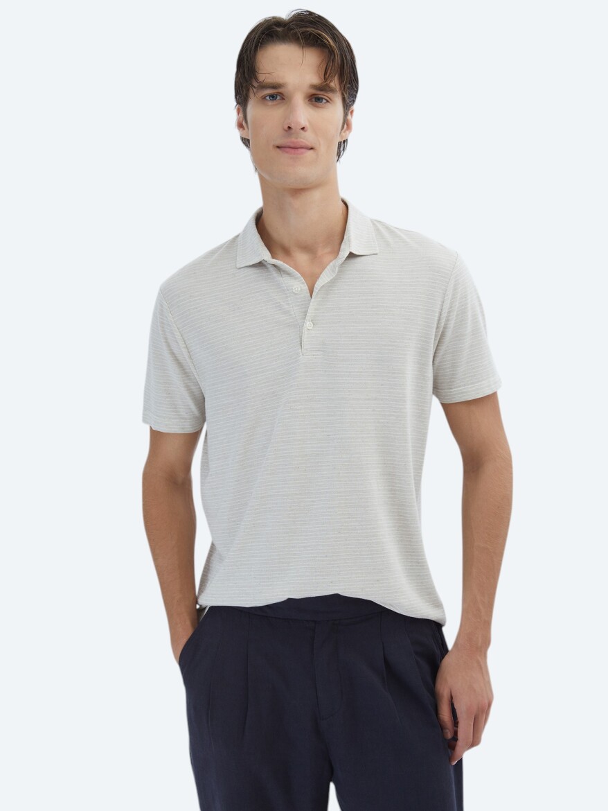 Bej Çizgili Polo Yaka Pamuk Karışımlı T-Shirt - KİP