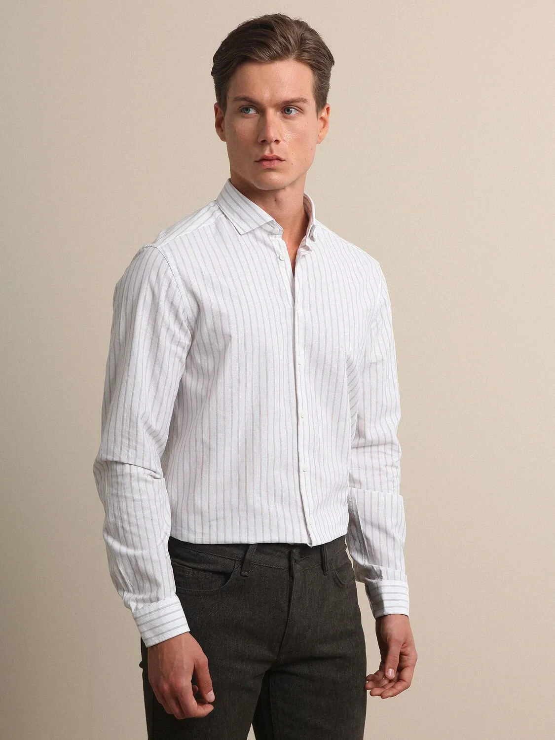 Bej Çizgili Regular Fit Dokuma Casual %100 Pamuk Gömlek - 2