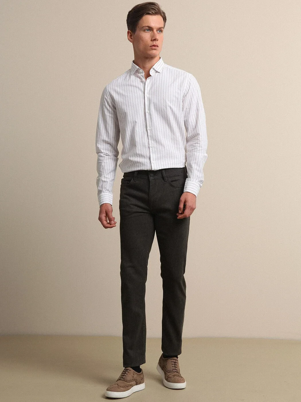 Bej Çizgili Regular Fit Dokuma Casual %100 Pamuk Gömlek - 3