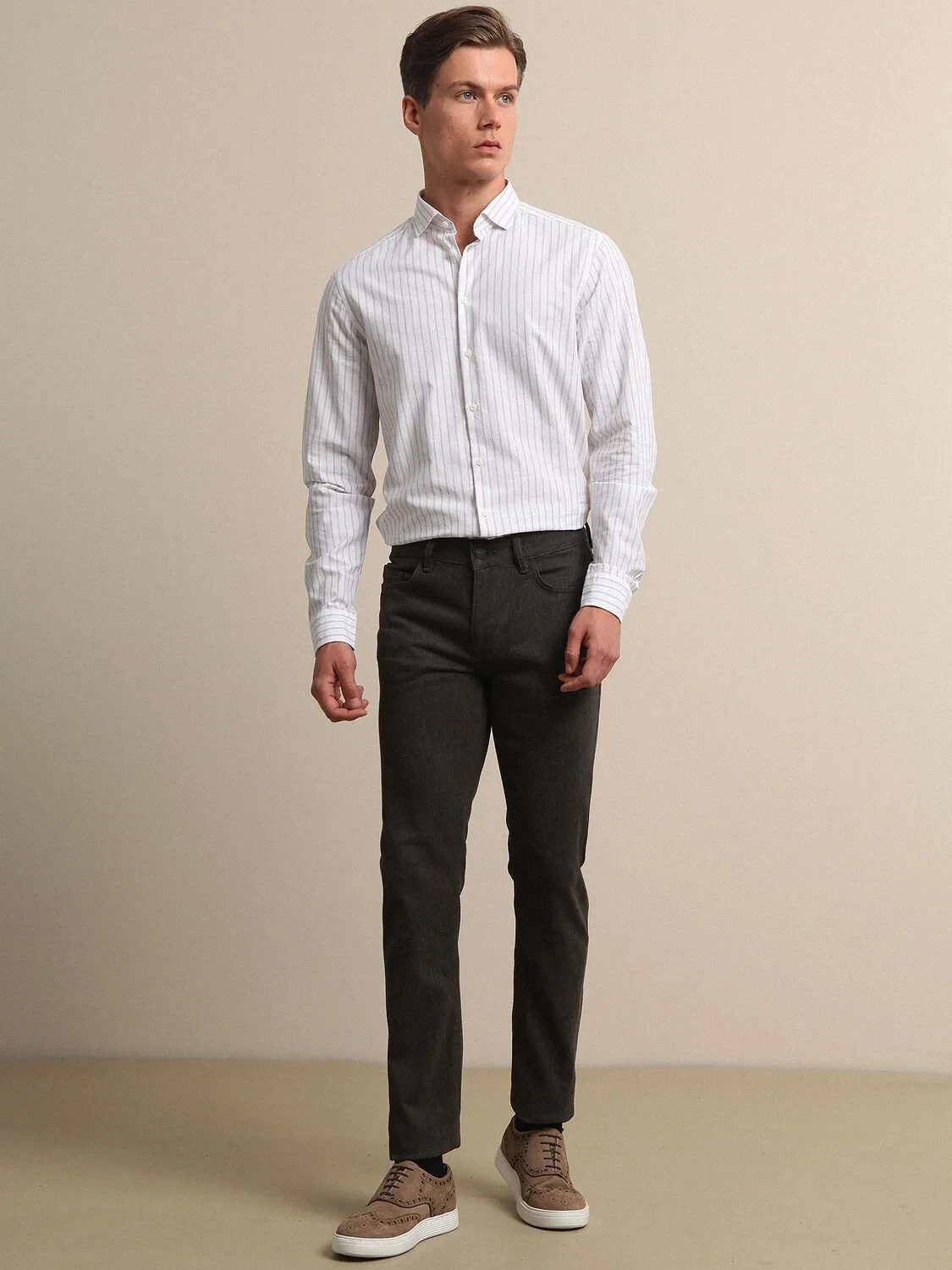 Bej Çizgili Regular Fit Dokuma Casual %100 Pamuk Gömlek - 3