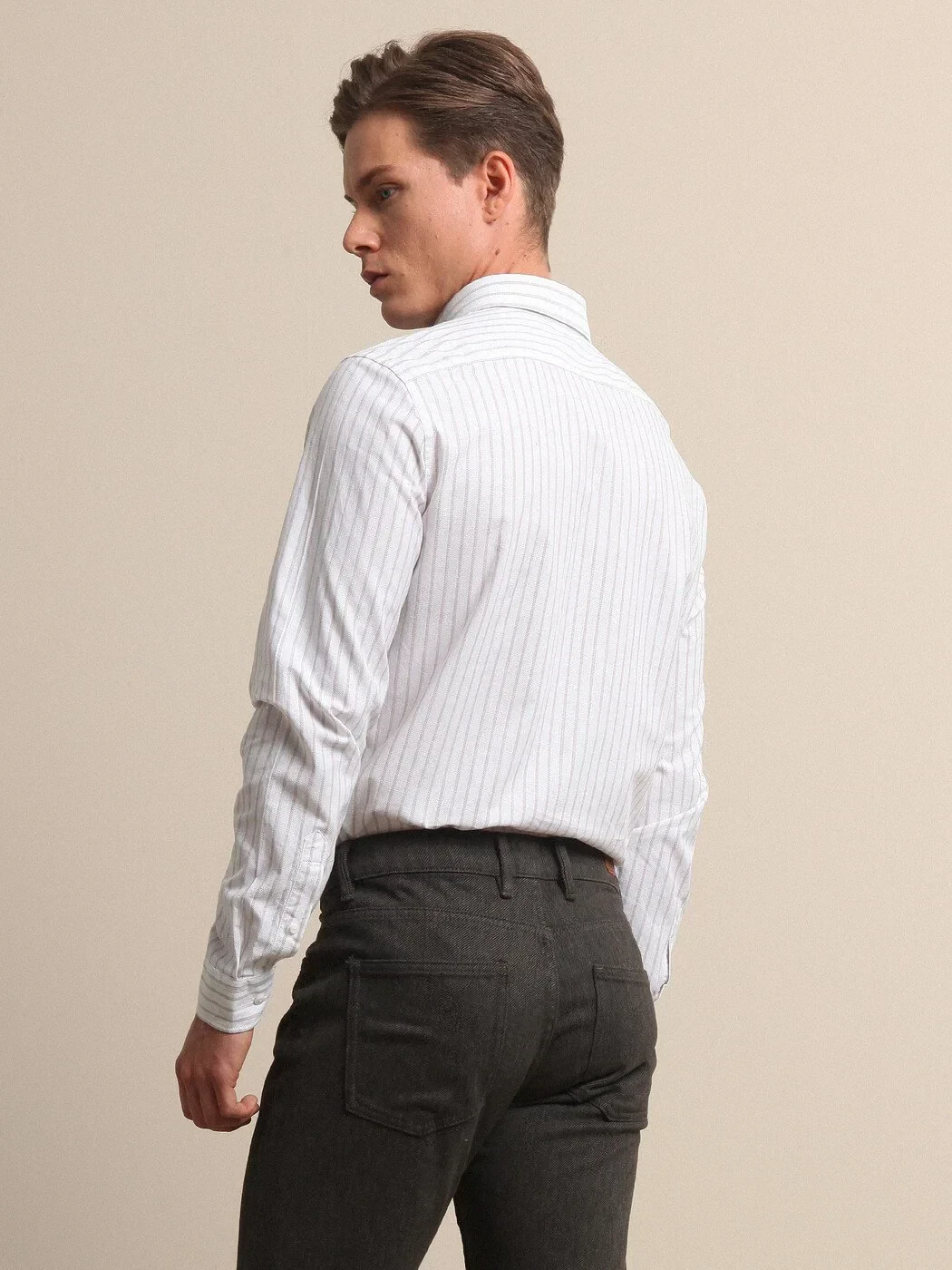 Bej Çizgili Regular Fit Dokuma Casual %100 Pamuk Gömlek - 4