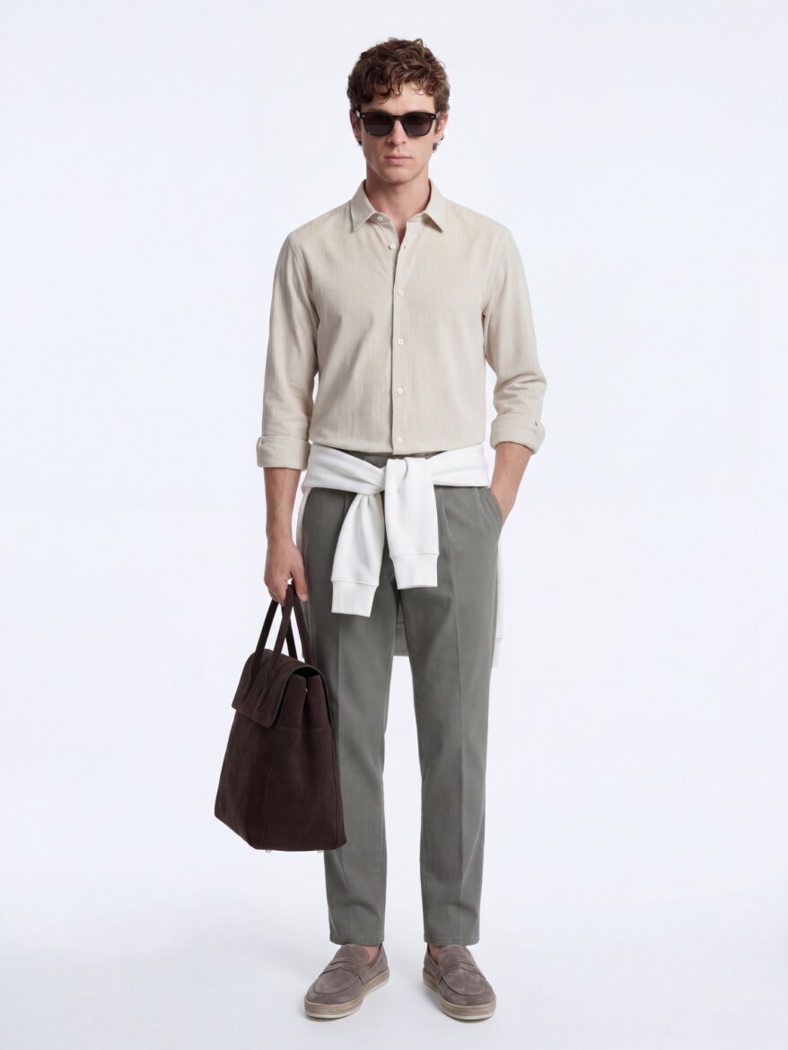 Bej Çizgili Regular Fit Dokuma Casual Gömlek - KİP