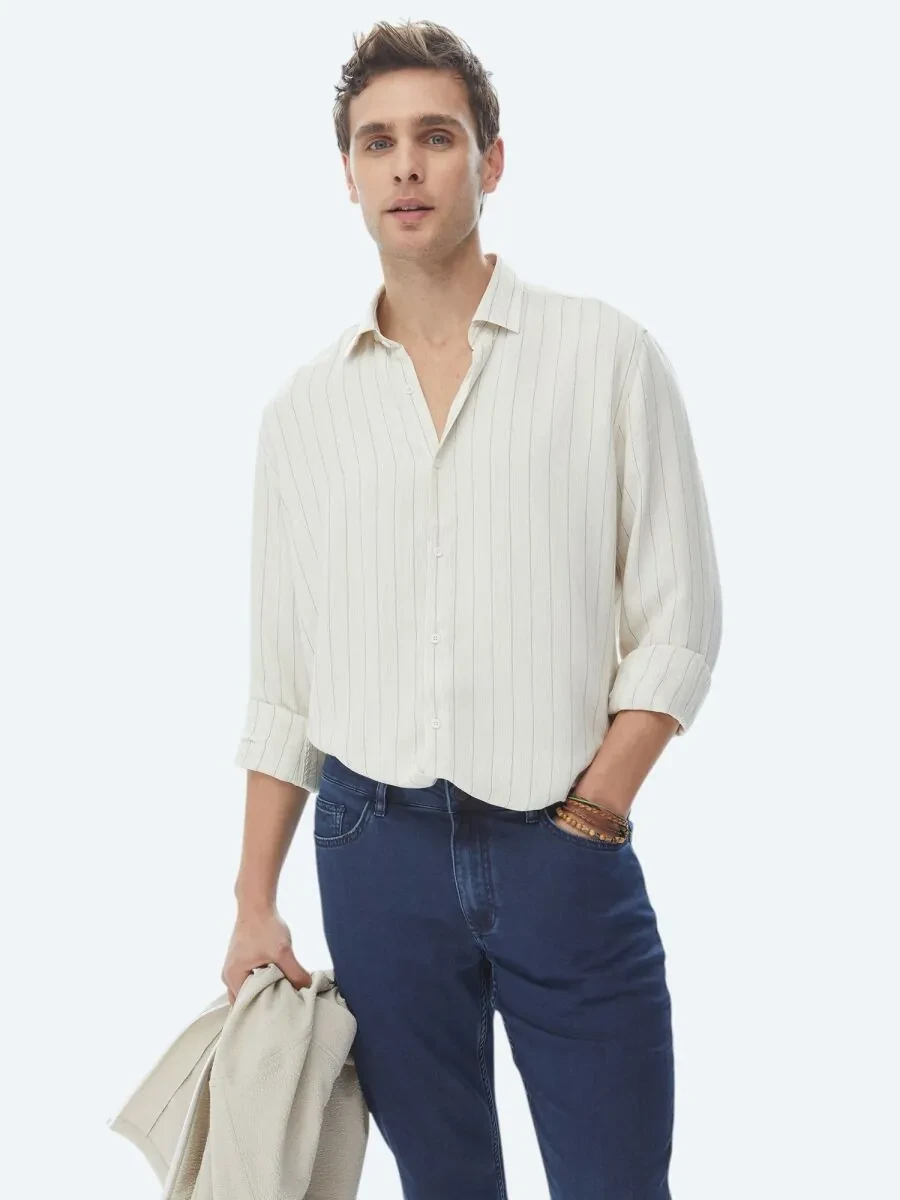 Bej Çizgili Regular Fit Dokuma Casual Keten Karışımlı Gömlek - 1