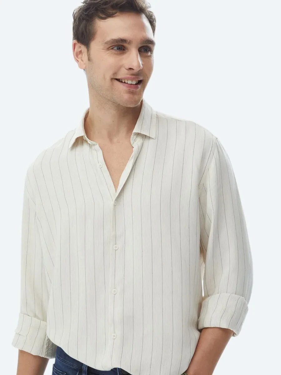Bej Çizgili Regular Fit Dokuma Casual Keten Karışımlı Gömlek - 2