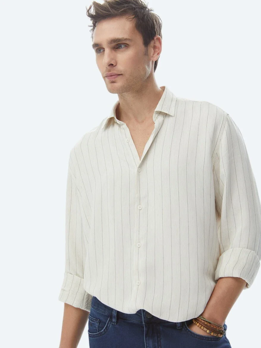 Bej Çizgili Regular Fit Dokuma Casual Keten Karışımlı Gömlek - 3