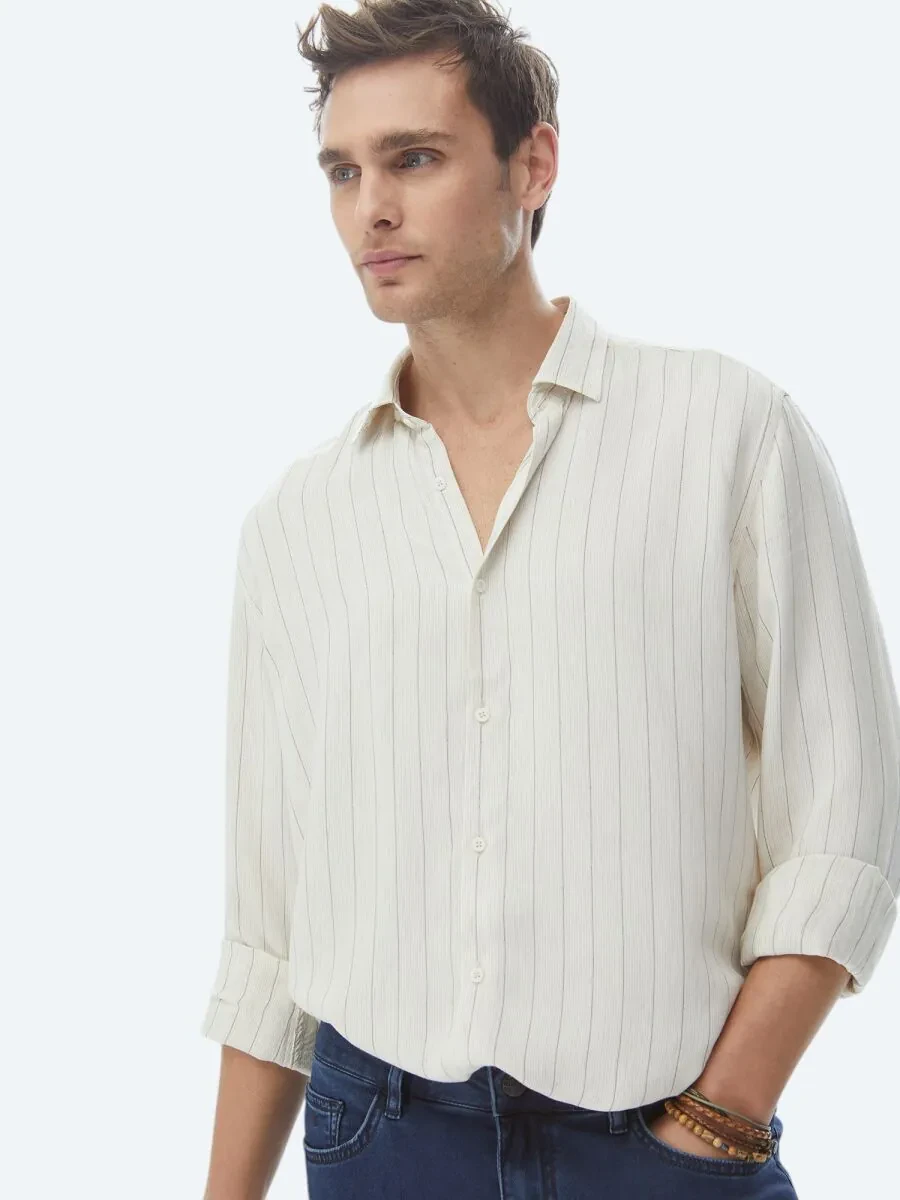 Bej Çizgili Regular Fit Dokuma Casual Keten Karışımlı Gömlek - 3