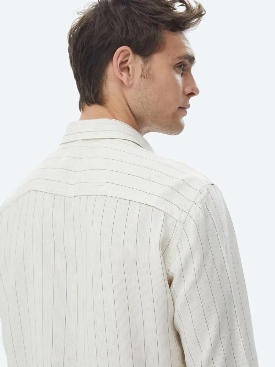 Bej Çizgili Regular Fit Dokuma Casual Keten Karışımlı Gömlek - 8