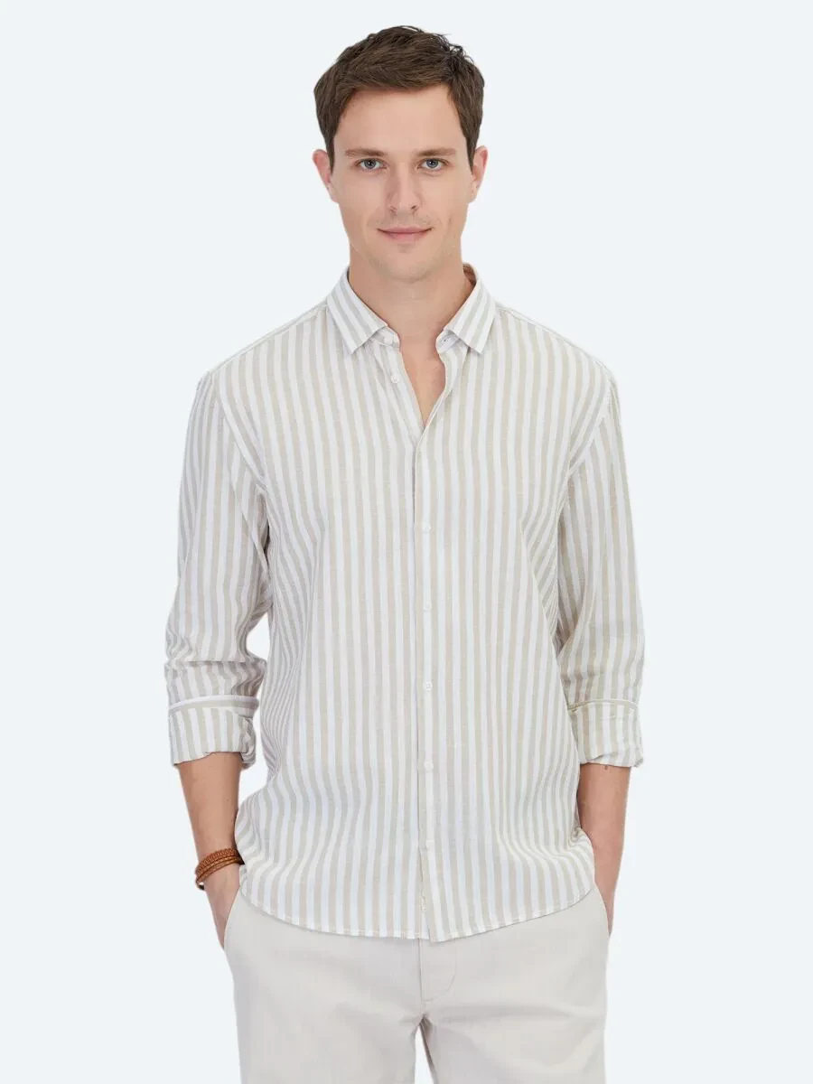Bej Çizgili Regular Fit Dokuma Casual Pamuk Karışımlı Gömlek - 1