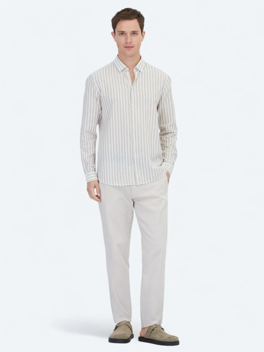 Bej Çizgili Regular Fit Dokuma Casual Pamuk Karışımlı Gömlek - 2