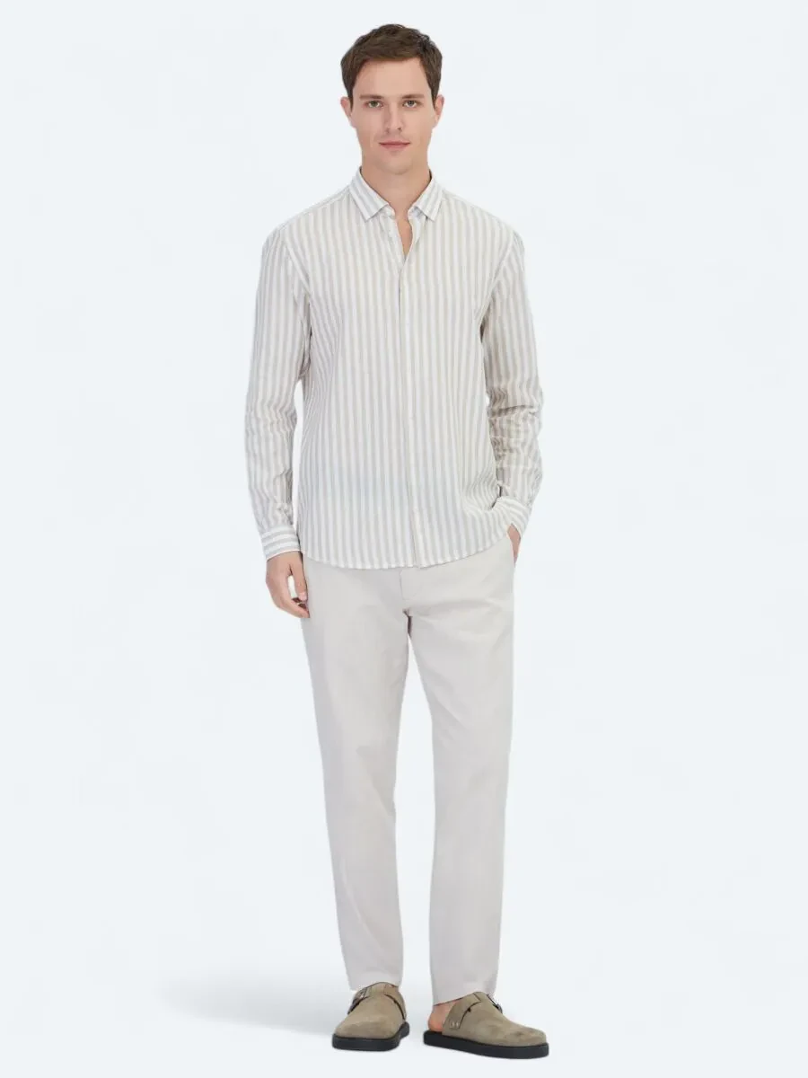 Bej Çizgili Regular Fit Dokuma Casual Pamuk Karışımlı Gömlek - 2