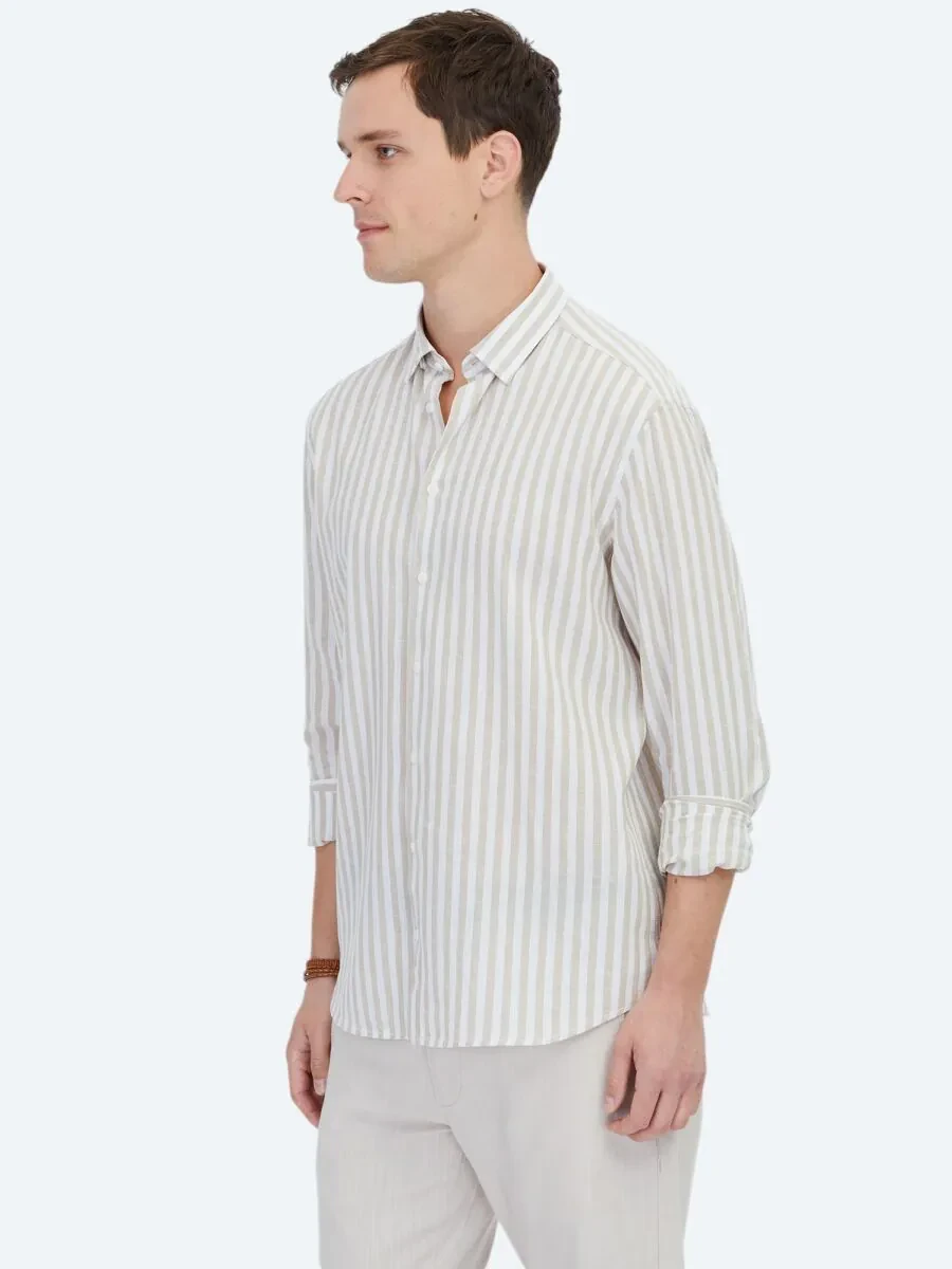 Bej Çizgili Regular Fit Dokuma Casual Pamuk Karışımlı Gömlek - 4