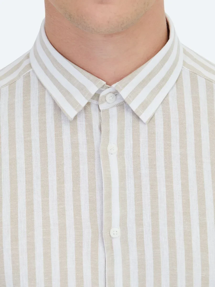 Bej Çizgili Regular Fit Dokuma Casual Pamuk Karışımlı Gömlek - 5