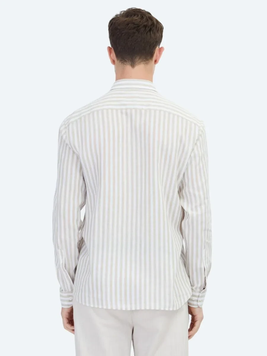 Bej Çizgili Regular Fit Dokuma Casual Pamuk Karışımlı Gömlek - 6