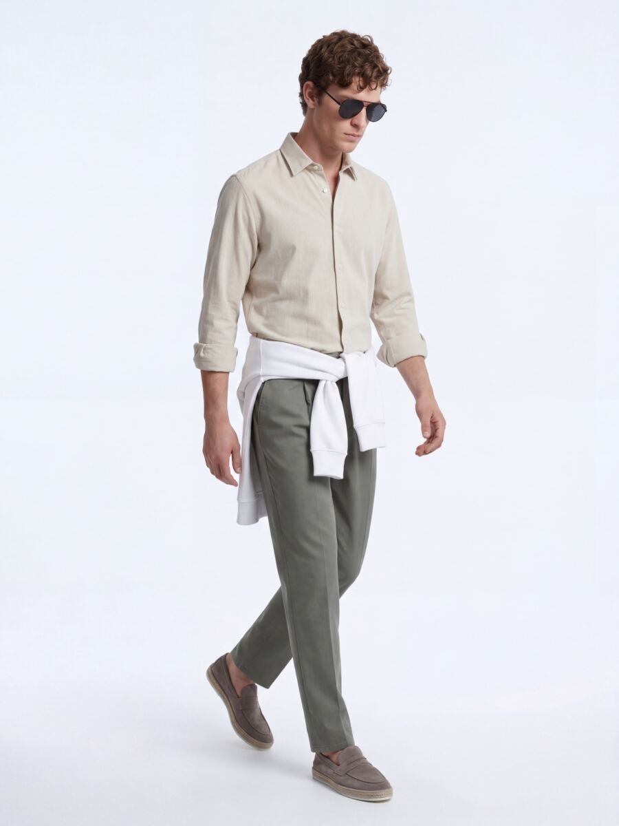 Bej Çizgili Regular Fit Uzun Dokuma Casual Gömlek - 1