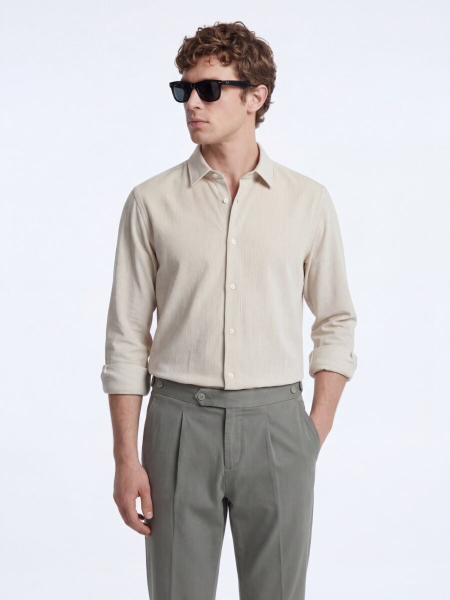 Bej Çizgili Regular Fit Uzun Dokuma Casual Gömlek - 3
