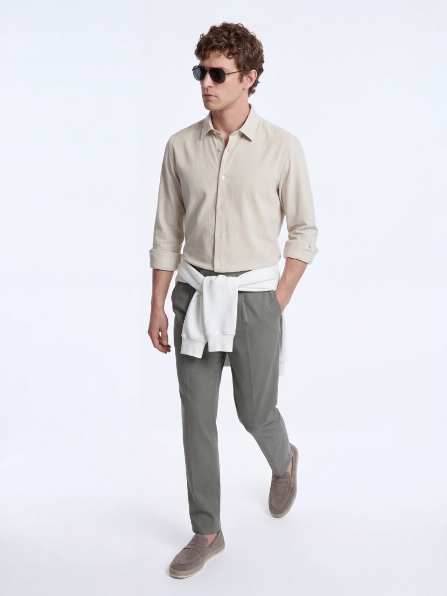 Bej Çizgili Regular Fit Uzun Dokuma Casual Gömlek - 4