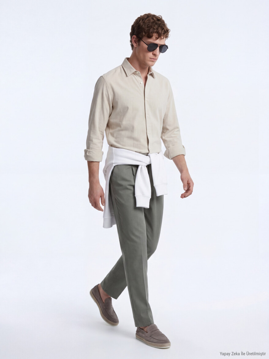 Bej Çizgili Regular Fit Uzun Dokuma Casual Gömlek - KİP