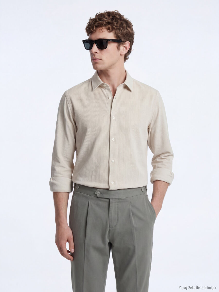 Bej Çizgili Regular Fit Uzun Dokuma Casual Gömlek - 3