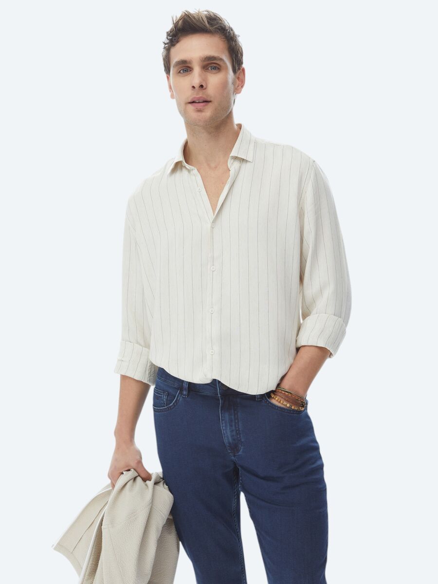 Bej Çizgili Regular Fit Uzun Dokuma Casual Keten Karışımlı Gömlek - 1