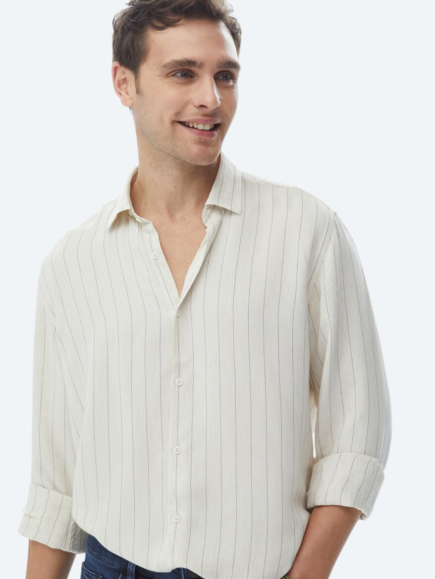 Bej Çizgili Regular Fit Uzun Dokuma Casual Keten Karışımlı Gömlek - 2