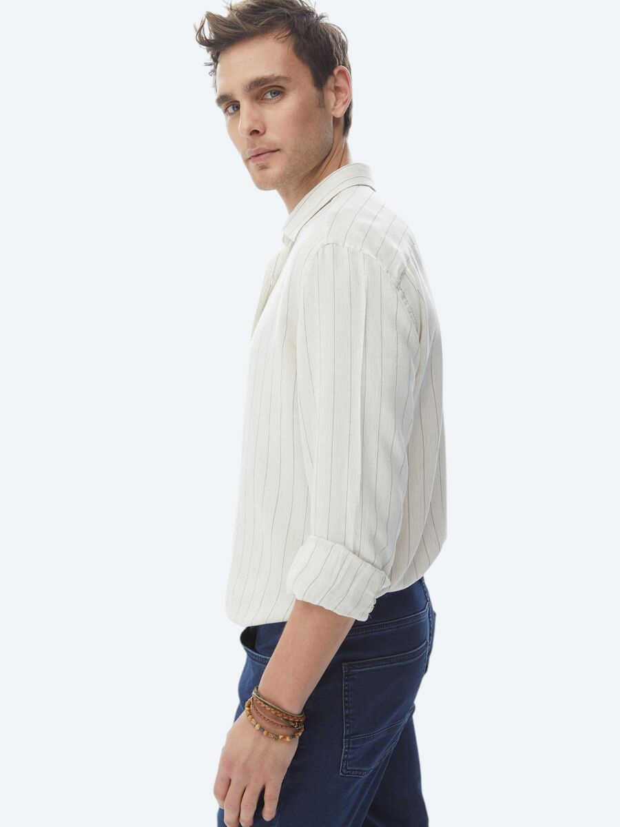 Bej Çizgili Regular Fit Uzun Dokuma Casual Keten Karışımlı Gömlek - 5