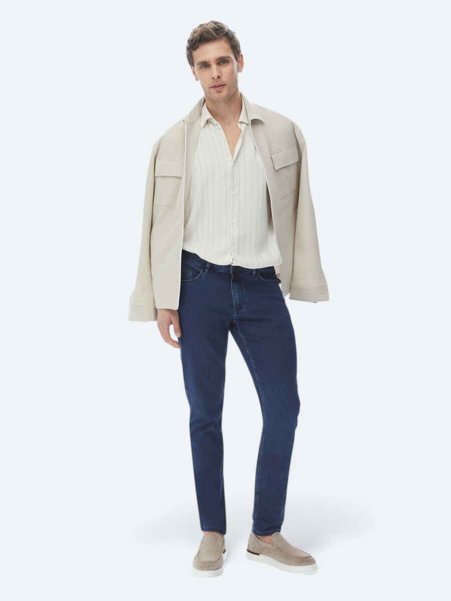 Bej Çizgili Regular Fit Uzun Dokuma Casual Keten Karışımlı Gömlek - 6