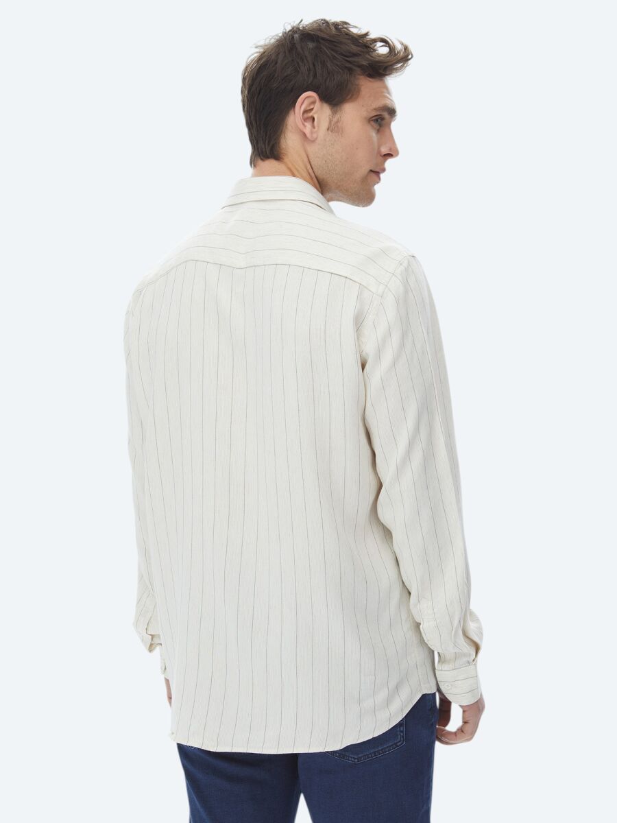 Bej Çizgili Regular Fit Uzun Dokuma Casual Keten Karışımlı Gömlek - 9