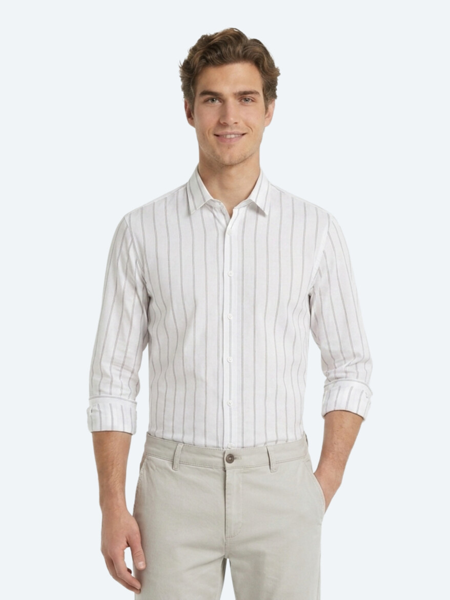 Bej Çizgili Regular Fit Dokuma Casual Pamuk Karışımlı Gömlek - KİP